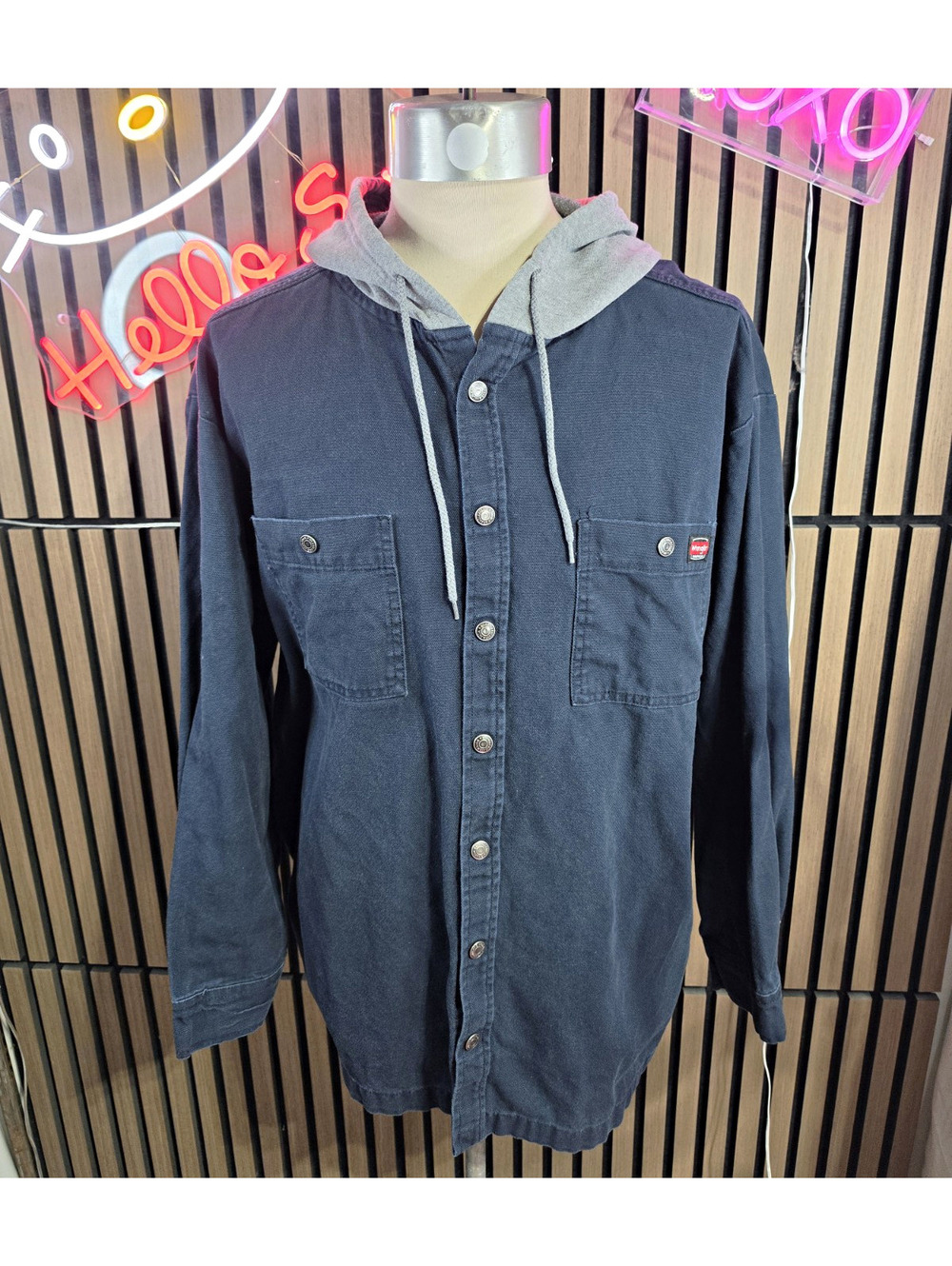 Wrangler Workwear Men's Blue/Gray Hooded Button Front Work Jacket Pockets 2XL